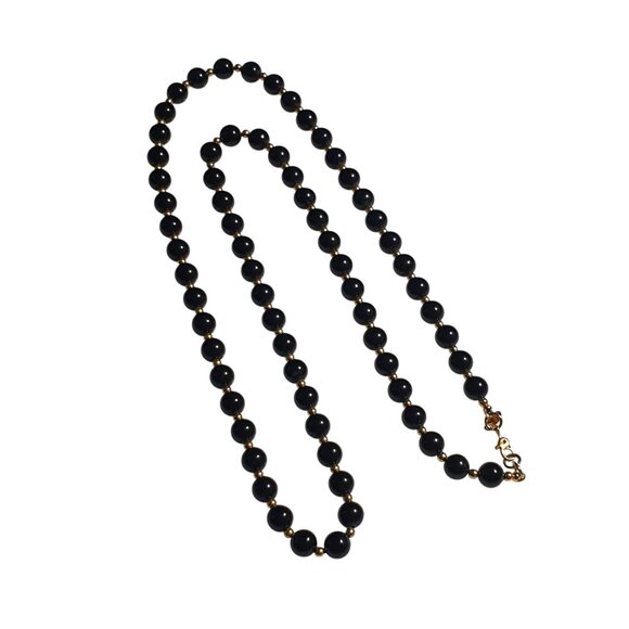 Monet Jewelry - Monet Black Bead Necklace Gold Tone Metal Finish Elegant Lobster Clasp 30 Inch